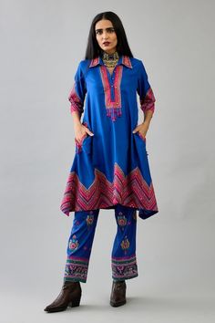 Blue Silk Palazzo Set With Intricate Embroidery, Embroidered Silk Blue Palazzo Set, Blue Embroidered Bohemian Palazzo Set, Festive Blue Embroidered Pant Set, Bohemian Blue Embroidered Pants, Festive Embroidered Blue Pant Set, Blue Bohemian Embroidered Pants, Bohemian Blue Palazzo Set With Resham Embroidery, Blue Pant Set With Resham Embroidery