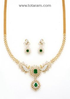 18K Gold Diamond 'Peacock' Necklace & Drop Earrings Set with Color Stones - 235-DS758 in 57.050 Grams Elegant Green Jewelry With Peacock Design, Elegant Peacock Design Jewelry Sets, Elegant Green Necklace With Peacock Design, Elegant Yellow Gold Necklace With Peacock Design, Formal Yellow Gold Jewelry With Peacock Design, Elegant Green Bridal Necklace With Peacock Design, Formal Yellow Gold Peacock-designed Jewelry, Formal Yellow Gold Peacock Jewelry, Elegant Diamond Necklace With Peacock Design