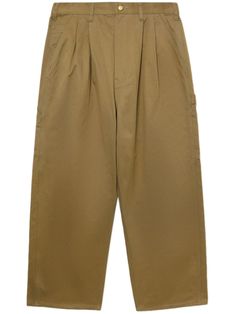 beige cotton pleat detailing appliqué logo carpenter loop belt loops concealed fly and button fastening two side slash pockets two side patch pockets two rear patch pockets wide leg Classic Wide Leg Cargo Pants With Cargo Pockets, Classic Wide Leg Cargo Pants, Classic Wide Leg Cargo Pants With Pockets, Classic Beige Cargo Pants With Pockets, Classic Beige Cargo Pants, Classic Wide Leg Khaki Cargo Pants, Classic Khaki Wide Leg Cargo Pants, Classic Khaki Wide-leg Cargo Pants, Classic Khaki Cargo Pants With Belt Loops