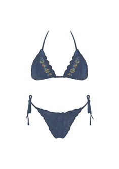 Final Sale - Get it before it's gone! The Laurie Embroidered Denim Bikini has the cutest combo of denim print fabric and floral embroidery! Features a triangle bikini top with floral embroidery. Matching bikini bottoms have a low-rise fit with high-cut legs, cheeky bottoms, and self-ties on each side. DETAILS & CARE Polyester/Spandex. Machine Wash Cold. Imported. **Swimwear returned without the hygienic liner will not be accepted. Swimming Wear, Denim Swimsuit, Denim Print, Trendy Girl, Coastal Cowgirl, Girl Needs, Pink Boho, Embroidered Denim, Cheeky Bikinis