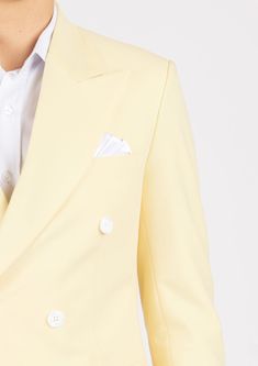 Look like royalty in the Waverly Cream Stretch Suit. Crafted with a vibrant, cream yellow stretch cotton, it's the perfect combination of style and comfort. Get ready to look your best while making a statement! Custom made for you. Make your move! Classic Yellow Suit For Work, Classic Yellow Suits For Work, Fitted Yellow Suits For Spring, Fitted Yellow Suits For Workwear, Spring White Fitted Double Breasted Suit, Yellow Notch Lapel Elegant Suit, Elegant Yellow Suits With Notch Lapel, Elegant Yellow Notch Lapel Suits, Yellow Fitted Elegant Blazer