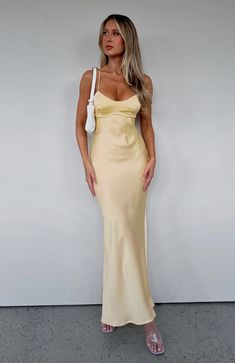 It's Not The Same Maxi Dress Lemon | White Fox Boutique US Yellow Maxi Dress Wedding, Yellow Silk Maxi Dress, Elegant Birthday Dress Classy, Beach Guest Wedding Dress, Old Money Wedding Guest Dress, Wedding Guest Ideas Outfit, Wedding Guest Outfit Classy, Bachlorette Dress, Classy Proposal