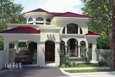 a small white house with red roof and two cars parked in front of the building