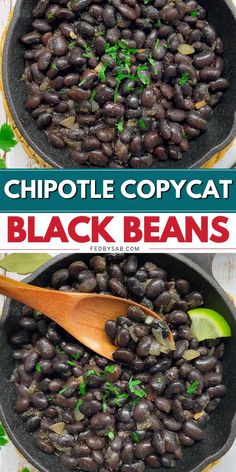 black beans are cooked in a skillet and topped with cilantro, parsley and lime