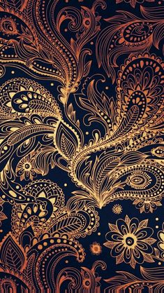 an intricate gold and black background with paisley designs on the side, in shades of blue