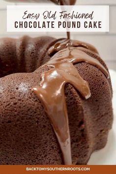 a chocolate pound cake is being drizzled with chocolate icing on a white plate