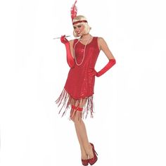 a woman in a red flap dancer costume