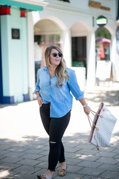 Why I Love My Casio G Shock by popular North Carolina fashion blog, Coffee Beans and Bobby Pins: image of a woman standing outside in front of some shops and wearing a Nordstrom J. Crew Everyday Chambray Shirt, Nordstrom Wedgie Icon Fit High Waist Ripped Skinny Jeans, Steve Madden Women's FEATHERL Loafer Flat, Casio G Shock watch, and holding a  LOUIS VUITTON Damier Azur Neverfull GM. Plus Size Denim Shirt Outfit Fall, Denim Shirt Plus Size Outfit, Casual Blue Button-up Denim Jacket, Denim Shirt Plus Size, Jean Shirt Outfits For Women, Chic Button-up Denim Blue Jeans, Jean Shirt Outfits, Outfits Gorditas