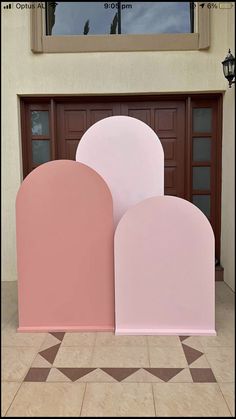 two large pink and one light pink standing in front of a building with a door