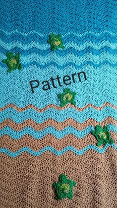 a crocheted blanket with sea turtles on it and the word pattern written in large letters