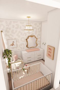 a baby's room with a crib and dresser