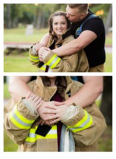 two photos of a man and woman hugging each other with firefighter's gloves on