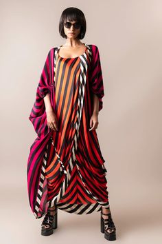 Orange, pink, black, white colorblock double sack dress with stripe digital print. Paired with printed gathered kite jacket. - Aza Fashions Chic Multicolor Vertical Stripes Dress, Multicolor Dress With Vertical Stripes, Multicolor Vertical Stripe Dress, Multi Color Dress, Sack Dress, Multicolor Dress, Jacket For Women, Dress Satin, Color Dress