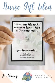 a woman holding up a framed photo with the words nurse gift idea in front of her