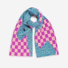 Our pink and blue wool Checkerboard scarf is the perfect winter accessories for women. Made from repurposed yarn, this cozy knit stylish scarf is perfect for your winter scarf outfits. Winter scarf aesthetic, how to wear scarves, fall scarf outfit Scarf Outfit Fall, Football Scarf, Big Knits, Stylish Scarves, Wool Gloves, Cozy Scarf, Fall Scarves, Knitted Wit, Colorful Scarf