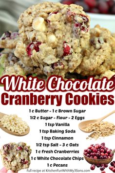 white chocolate cranberry cookies recipe with text overlay