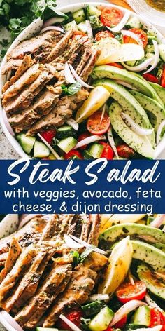 steak salad with veggies and avocado feta cheese & onion dressing