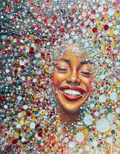 a painting of a woman's face surrounded by confetti