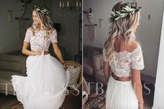 two pictures of a woman in white dresses and one has a flower crown on her head