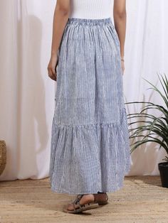 Ciel Blue Cotton Printed Skirt - Trendroots Summer Tiered Cotton Bottoms, Tiered Lined Skirt For Beach, Blue Cotton Bottoms With Ruffle Hem, Chic Blue Tiered Bottoms, Summer Striped Cotton Skirt, Cotton Maxi Skirt With Ruffle Hem, Striped Cotton Skirt For Summer, Chic Striped Summer Skirt, Blue Tiered Bottoms For Vacation