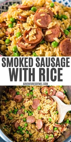 two pictures showing different types of rice with sausages and peas in the middle, on top