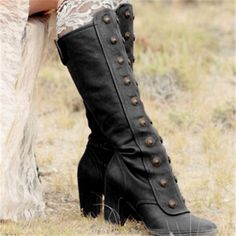 Category:Boots; Upper Materials:PU; Season:Fall,Winter; Heel Type:Chunky Heel,Block Heel; Gender:Women's; Toe Shape:Round Toe; Type:Knee High Boots; Style:Preppy,Minimalism,Elegant,Fashion,Comfort,Classic; Heel Height(inch):1-2; Outsole Materials:Rubber; Occasion:Daily,Work,Outdoor; Closure Type:Lace-up; Pattern:Solid Color; Listing Date:10/10/2023; 2024 Trends:Motorcycle Boots,Plus Size,Work Boots Steampunk Mode, Lace Boot Cuffs, Hiking Style, Boots 2020, Boot Fashion, Vintage Cowgirl, Boots Style, Rock Punk, Military Boots