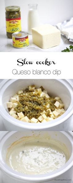 the ingredients to make slow cooker quesadilla dip are shown in bowls