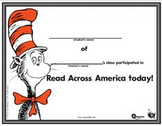 the cat in the hat award certificate for reading across america today with an image of dr seuss