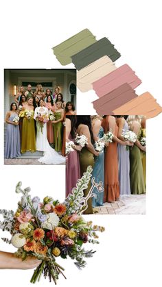 the bridesmaids are holding their bouquets in different colors