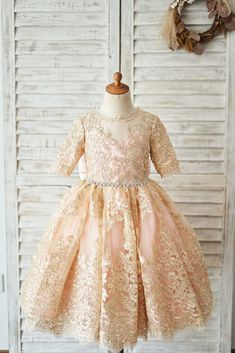 Modest Gold Lace Pink Lining Short Sleeves V Back Wedding Flower Girl - Princessly Boho Flower Girl, Lace Neck, Dress Modest, Flower Girl Dress Lace