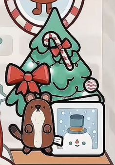 a cartoon christmas tree with candy canes and other holiday decorations on it's shelf