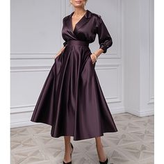 Silhouette:A-Line; Hemline / Train:Tea Length; Closure:Crossed Straps; Built-In Bra:No; Embellishment:Pleats; Fabric:Satin; Sleeve Length:3/4 Length Sleeve; Tips:Colors may vary slightly due to different monitor settings,Professional dry cleaner only; Boning:No; Style:1950s,Elegant,Vintage; Occasion:Evening Party,WorkWear,Wedding Guest; Neckline:Shirt Collar; Front page:Cocktail Dresses; Listing Date:08/08/2023; Bust:; Hips:; Hollow to Floor:; Waist: Dress Plus Size Wedding Guest, Cocktail Dress Elegant, Clothes Hacks, Cheap Cocktail Dresses, Gown Elegant, Cocktail Dresses Online, A Line Cocktail Dress, Satin Cocktail Dress, Vintage Black Dress