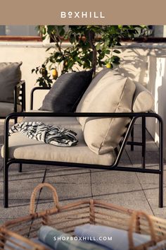 An outdoor lounge 2-seater sofa with light brown cushion and black frame set on an outdoor patio beside small lemon tree King Bed Headboard, King Single Bed, Outdoor Furniture Design, Modul Sofa, Indoor Chairs