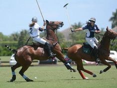 two men on horses playing polo in the grass