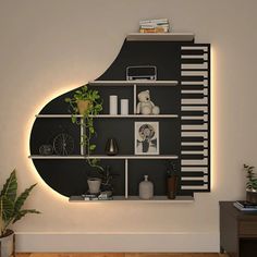 a living room filled with furniture and plants on top of shelves in front of a wall