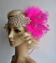 Ready to ship Beautiful Vintage Style flapper headband. Perfect for a vintage inspired bride, 1920's wedding or Great Gatsby party or any special occasions. All rhinestone headband. Glamour and stylish Made of : - stunning rhinestone beaded applique headband with crystals and rhinestones - set of pink,rose marabou feathers and hand curled peacock eyes - satin ribbon Headband can be put down on the forehead or up on head. Can be worn as a flapper or traditional style headband. Tie in the back wit Carnival Wedding Headband, Pink Feathered Headpiece For Wedding, Vintage Feathered Headpieces For Wedding, Vintage Wedding Headpieces With Feathers, Pink Feather Hair Accessories For Wedding, Flapper Wedding Headpiece With Feathers, Pink Feather Wedding Hair Accessories, Peacock Eyes, Marabou Feathers