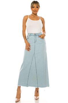 Be-Girl 89209 Light Indigo Long Denim Maxi Skirt Embrace comfort and style with the Be-Girl Brand Light Indigo Long Denim Maxi Skirt. Made from a premium stretch denim, this skirt features a trendy triangle cut and a raw, frayed hem for a fashionable touch. The absence of a back pocket ensures a sleek silhouette, while the 37-inch back length provides ample coverage. Details: Brand: Be-Girl Material: 75% cotton, 23% polyester, 2% spandex Cut: Triangle Hem: Raw frayed Back Length: 37 inches Waist Girl Material, Denim Maxi, Denim Maxi Skirt, Blue Maxi, Medium Blue, Stretch Denim, Maxi Skirt, Sleek, Spandex