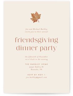 the thanksgiving dinner party card features an orange maple leaf