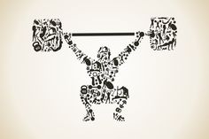 the silhouette of a man holding a barbell in his hands with words all over it