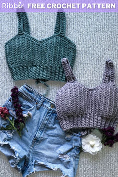 two knitted crop tops and denim shorts with flowers