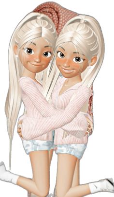 two cartoon girls hugging each other with their arms around one's neck and the other behind them