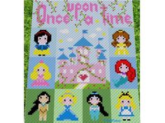 a cross stitch pattern with princesses and the words, once upon time on it