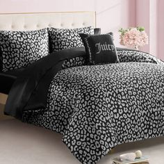 black and white bedding with leopard print