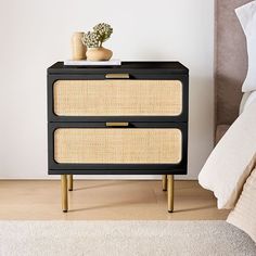 a nightstand with two drawers and a plant on top