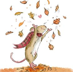 a drawing of a mouse throwing leaves in the air with it's legs up