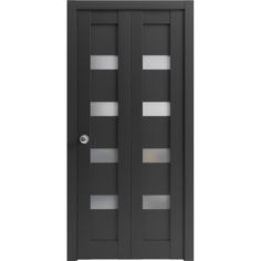 an open door with frosted glass panels on the front and side doors in black