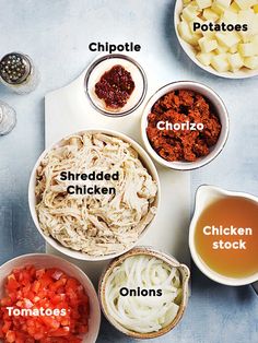 the ingredients for this meal include shredded chicken, tomatoes, onions, and other foods