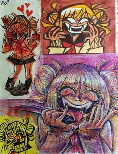 four different colored drawings on paper with one drawing of a girl holding a cell phone