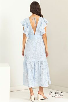 Flaunt your graceful style in the beautiful Mackenzie Eyelet Tiered Ruffle Sleeve Maxi Dress. The stunning light blue fabric with eyelet detail all over, makes this dress so romantic that lends you an ethereal look. Showcasing a diamond neckline and flutter short sleeves bringing subtle elegance and femininity to your look, this dress features a sash-tie at the waist for that perfect figure-hugging fit. What's more? The back of the dress has a deep v-cut with adjustable dainty tie detail that co Women's Maxi Dresses, Light Blue Fabric, Perfect Figure, Romantic Dress, Sleeve Maxi Dress, Lace Maxi, Women Maxi, Lace Maxi Dress, V Cut