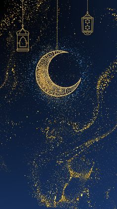 the moon and lantern are hanging in the night sky with gold glitters on it